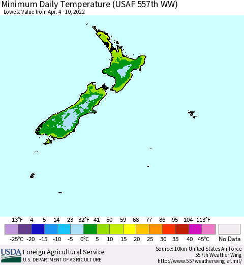 New Zealand Minimum Daily Temperature (USAF 557th WW) Thematic Map For 4/4/2022 - 4/10/2022