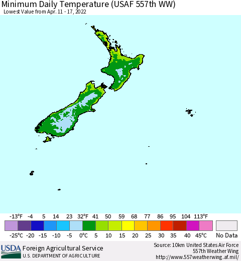New Zealand Minimum Daily Temperature (USAF 557th WW) Thematic Map For 4/11/2022 - 4/17/2022