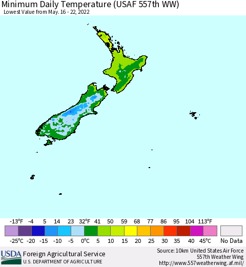 New Zealand Minimum Daily Temperature (USAF 557th WW) Thematic Map For 5/16/2022 - 5/22/2022