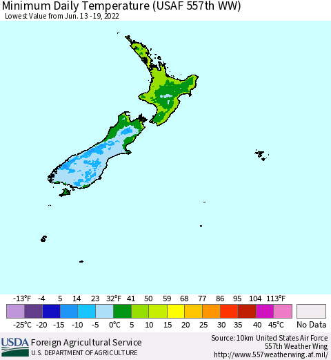 New Zealand Minimum Daily Temperature (USAF 557th WW) Thematic Map For 6/13/2022 - 6/19/2022