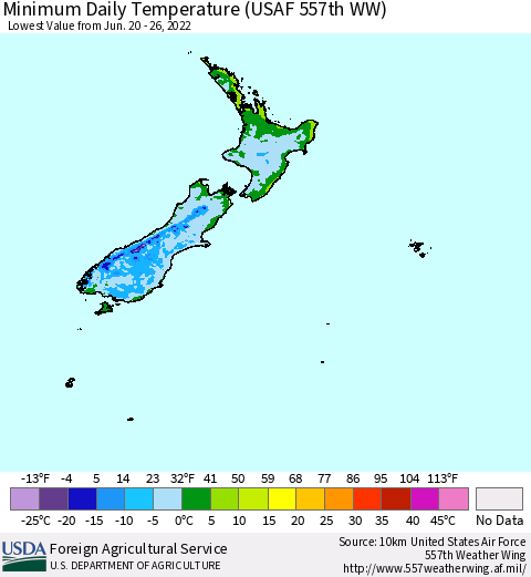 New Zealand Minimum Daily Temperature (USAF 557th WW) Thematic Map For 6/20/2022 - 6/26/2022
