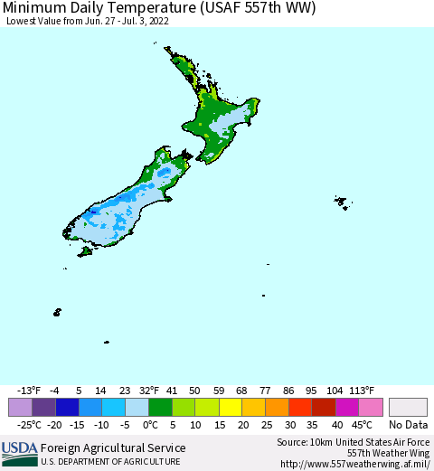 New Zealand Minimum Daily Temperature (USAF 557th WW) Thematic Map For 6/27/2022 - 7/3/2022