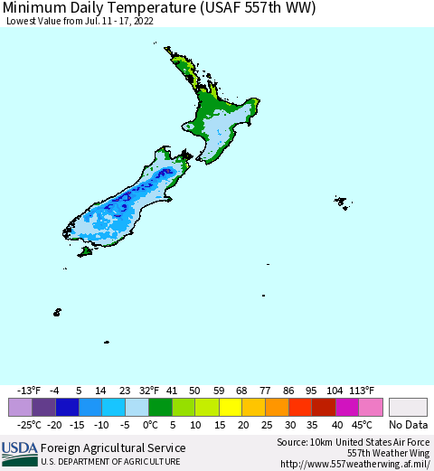 New Zealand Minimum Daily Temperature (USAF 557th WW) Thematic Map For 7/11/2022 - 7/17/2022