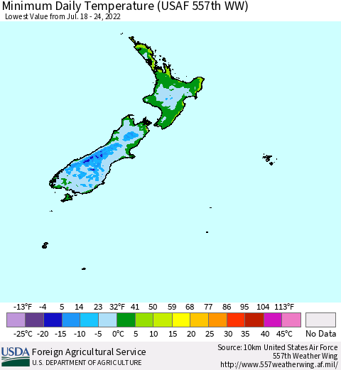 New Zealand Minimum Daily Temperature (USAF 557th WW) Thematic Map For 7/18/2022 - 7/24/2022