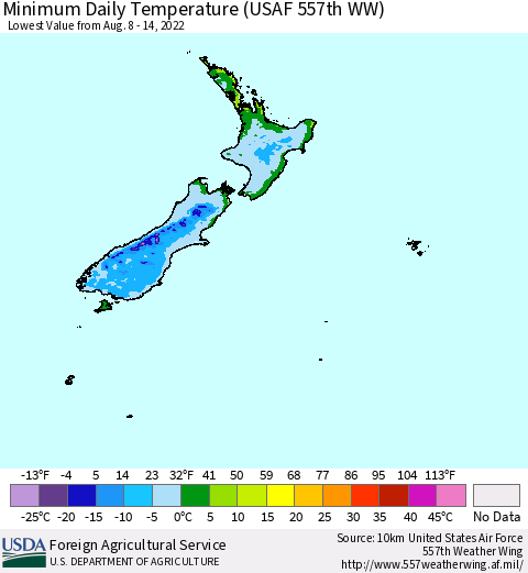 New Zealand Minimum Daily Temperature (USAF 557th WW) Thematic Map For 8/8/2022 - 8/14/2022