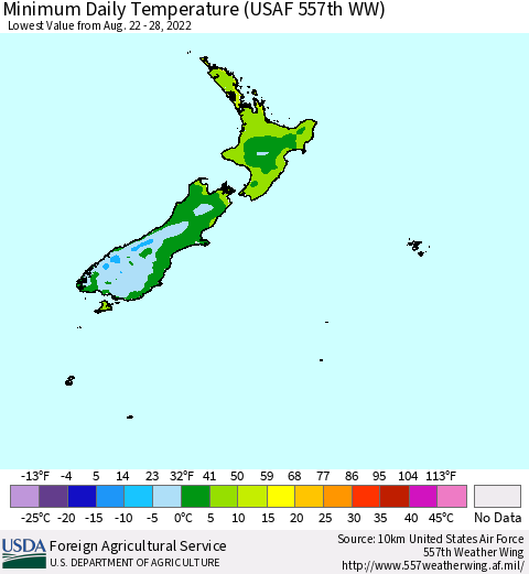 New Zealand Minimum Daily Temperature (USAF 557th WW) Thematic Map For 8/22/2022 - 8/28/2022