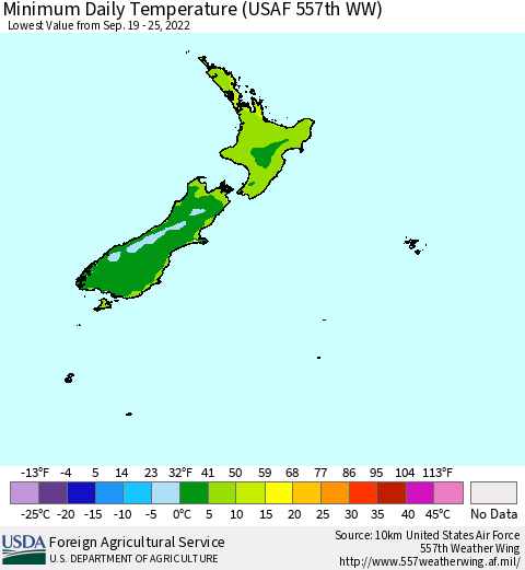 New Zealand Minimum Daily Temperature (USAF 557th WW) Thematic Map For 9/19/2022 - 9/25/2022