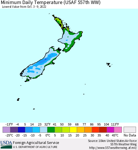 New Zealand Minimum Daily Temperature (USAF 557th WW) Thematic Map For 10/3/2022 - 10/9/2022