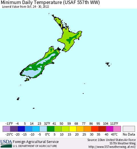 New Zealand Minimum Daily Temperature (USAF 557th WW) Thematic Map For 10/24/2022 - 10/30/2022
