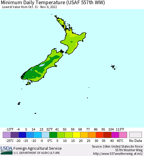 New Zealand Minimum Daily Temperature (USAF 557th WW) Thematic Map For 10/31/2022 - 11/6/2022