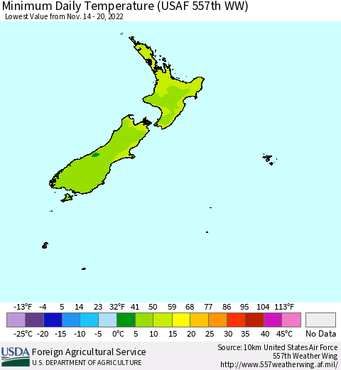 New Zealand Minimum Daily Temperature (USAF 557th WW) Thematic Map For 11/14/2022 - 11/20/2022