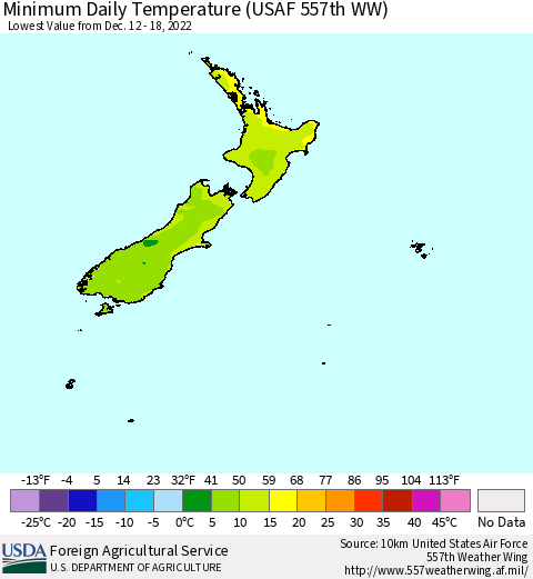 New Zealand Minimum Daily Temperature (USAF 557th WW) Thematic Map For 12/12/2022 - 12/18/2022