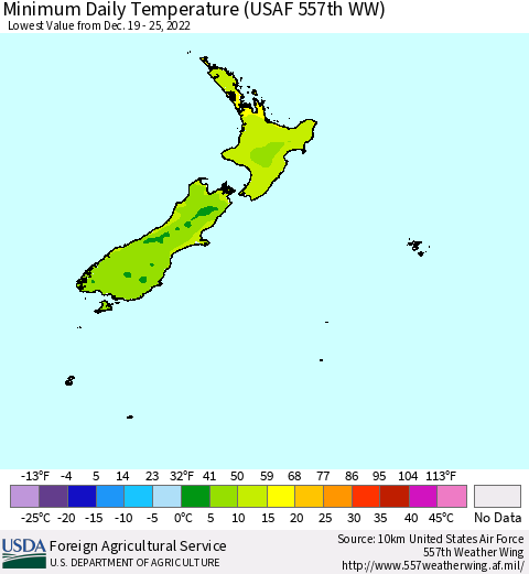 New Zealand Minimum Daily Temperature (USAF 557th WW) Thematic Map For 12/19/2022 - 12/25/2022
