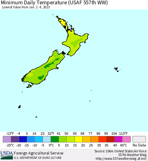 New Zealand Minimum Daily Temperature (USAF 557th WW) Thematic Map For 1/2/2023 - 1/8/2023