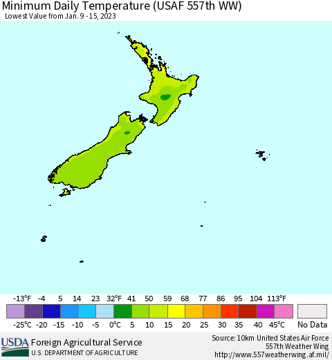 New Zealand Minimum Daily Temperature (USAF 557th WW) Thematic Map For 1/9/2023 - 1/15/2023