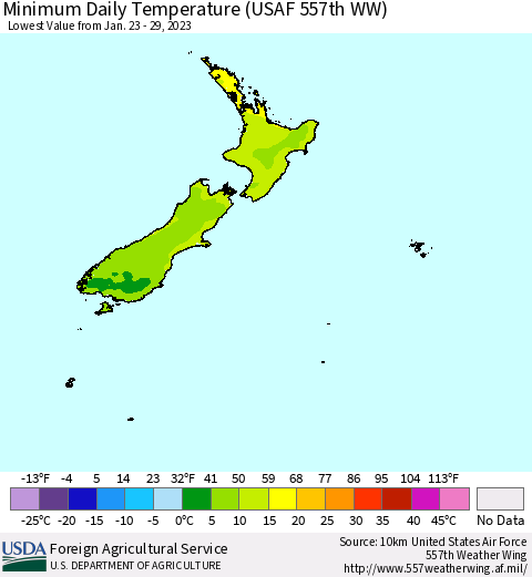 New Zealand Minimum Daily Temperature (USAF 557th WW) Thematic Map For 1/23/2023 - 1/29/2023