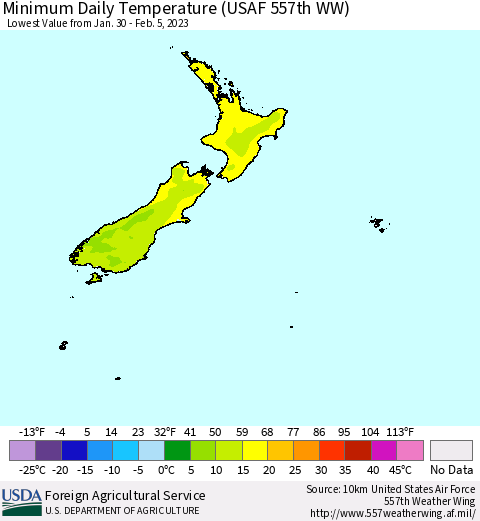 New Zealand Minimum Daily Temperature (USAF 557th WW) Thematic Map For 1/30/2023 - 2/5/2023