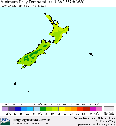 New Zealand Minimum Daily Temperature (USAF 557th WW) Thematic Map For 2/27/2023 - 3/5/2023