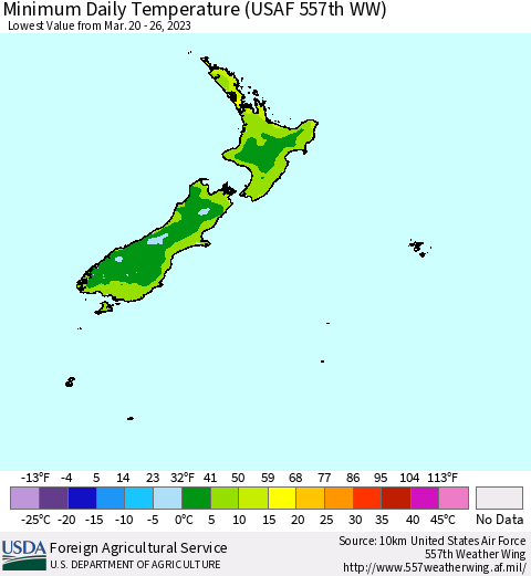 New Zealand Minimum Daily Temperature (USAF 557th WW) Thematic Map For 3/20/2023 - 3/26/2023