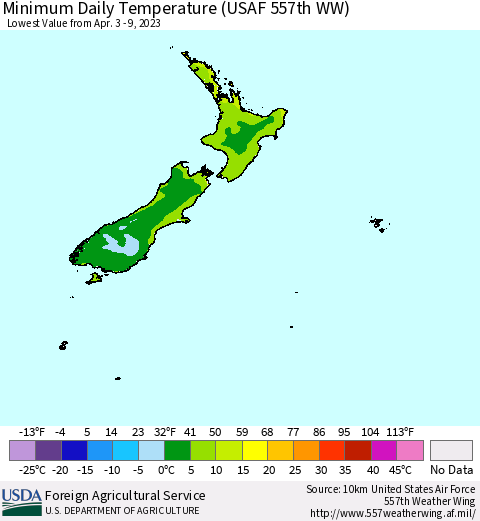 New Zealand Minimum Daily Temperature (USAF 557th WW) Thematic Map For 4/3/2023 - 4/9/2023