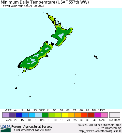 New Zealand Minimum Daily Temperature (USAF 557th WW) Thematic Map For 4/24/2023 - 4/30/2023
