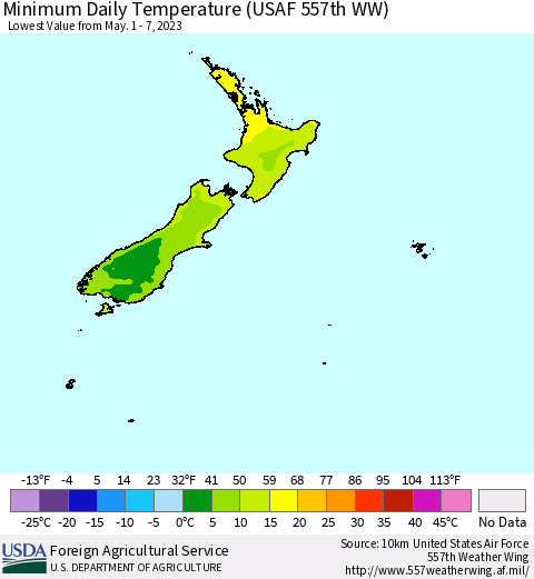 New Zealand Minimum Daily Temperature (USAF 557th WW) Thematic Map For 5/1/2023 - 5/7/2023