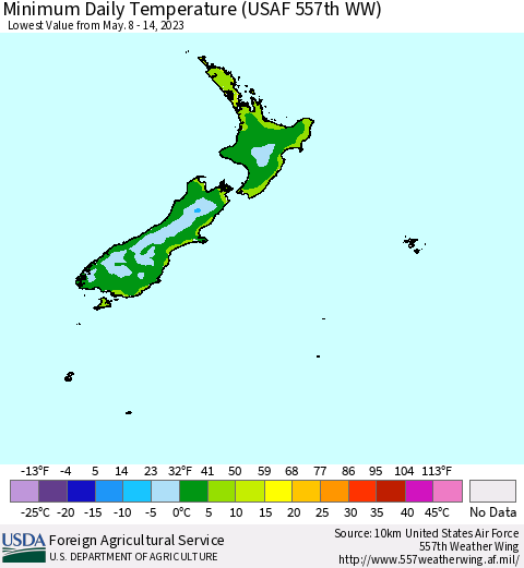 New Zealand Minimum Daily Temperature (USAF 557th WW) Thematic Map For 5/8/2023 - 5/14/2023