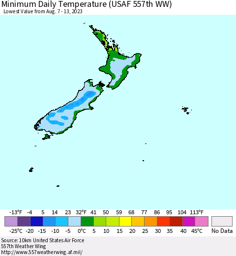 New Zealand Minimum Daily Temperature (USAF 557th WW) Thematic Map For 8/7/2023 - 8/13/2023