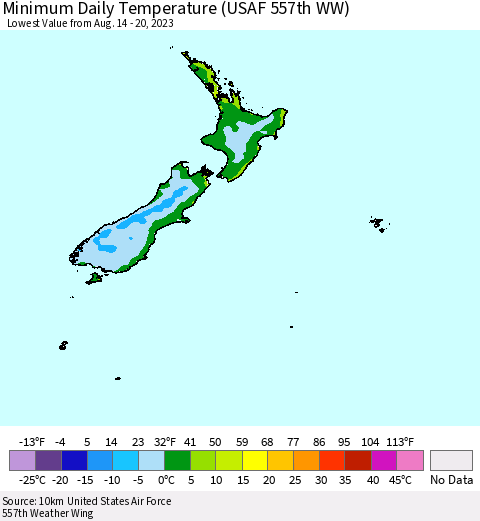 New Zealand Minimum Daily Temperature (USAF 557th WW) Thematic Map For 8/14/2023 - 8/20/2023