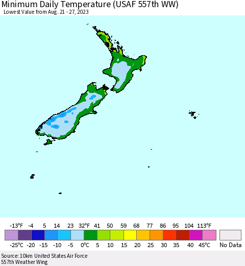 New Zealand Minimum Daily Temperature (USAF 557th WW) Thematic Map For 8/21/2023 - 8/27/2023