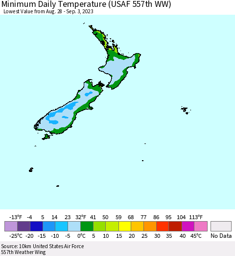 New Zealand Minimum Daily Temperature (USAF 557th WW) Thematic Map For 8/28/2023 - 9/3/2023