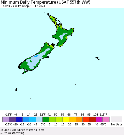 New Zealand Minimum Daily Temperature (USAF 557th WW) Thematic Map For 9/11/2023 - 9/17/2023