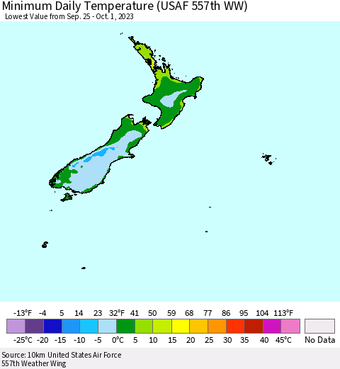 New Zealand Minimum Daily Temperature (USAF 557th WW) Thematic Map For 9/25/2023 - 10/1/2023