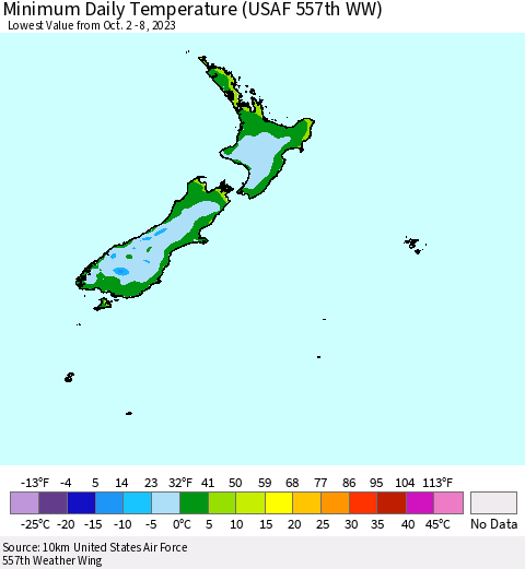 New Zealand Minimum Daily Temperature (USAF 557th WW) Thematic Map For 10/2/2023 - 10/8/2023