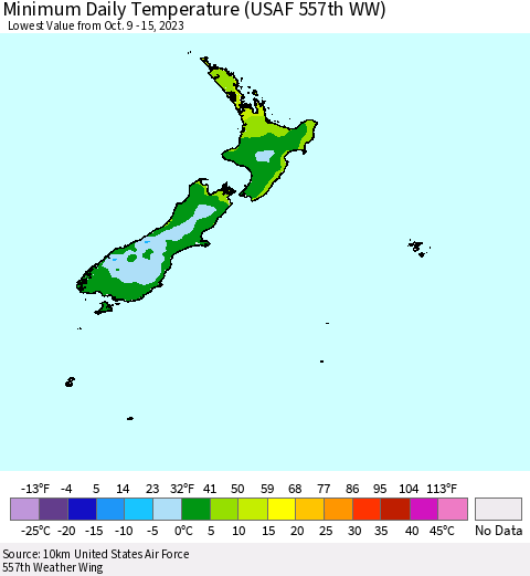 New Zealand Minimum Daily Temperature (USAF 557th WW) Thematic Map For 10/9/2023 - 10/15/2023