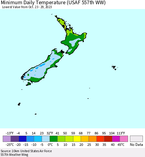 New Zealand Minimum Daily Temperature (USAF 557th WW) Thematic Map For 10/23/2023 - 10/29/2023