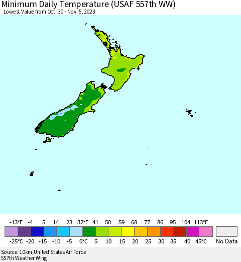 New Zealand Minimum Daily Temperature (USAF 557th WW) Thematic Map For 10/30/2023 - 11/5/2023