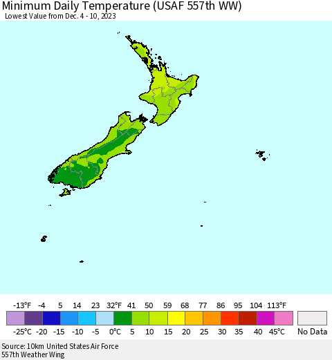 New Zealand Minimum Daily Temperature (USAF 557th WW) Thematic Map For 12/4/2023 - 12/10/2023