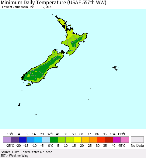 New Zealand Minimum Daily Temperature (USAF 557th WW) Thematic Map For 12/11/2023 - 12/17/2023