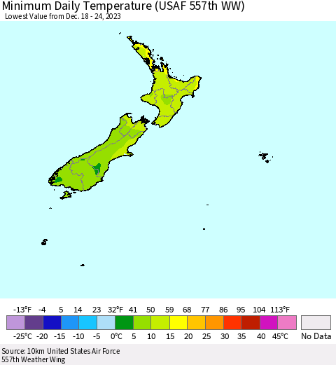 New Zealand Minimum Daily Temperature (USAF 557th WW) Thematic Map For 12/18/2023 - 12/24/2023