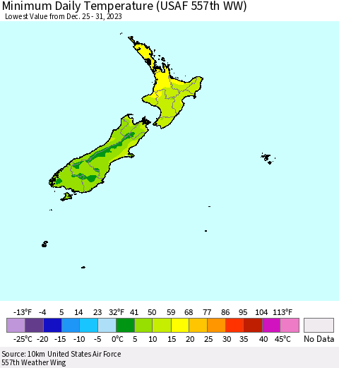 New Zealand Minimum Daily Temperature (USAF 557th WW) Thematic Map For 12/25/2023 - 12/31/2023