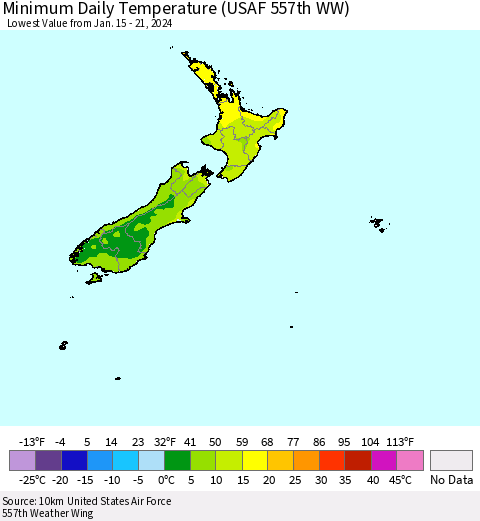New Zealand Minimum Daily Temperature (USAF 557th WW) Thematic Map For 1/15/2024 - 1/21/2024