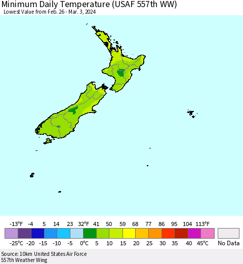 New Zealand Minimum Daily Temperature (USAF 557th WW) Thematic Map For 2/26/2024 - 3/3/2024