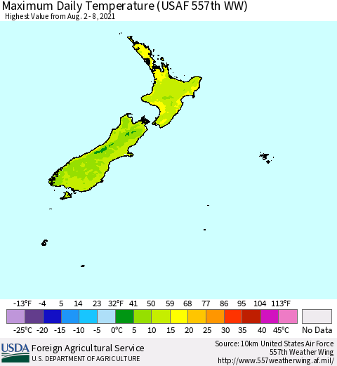 New Zealand Maximum Daily Temperature (USAF 557th WW) Thematic Map For 8/2/2021 - 8/8/2021