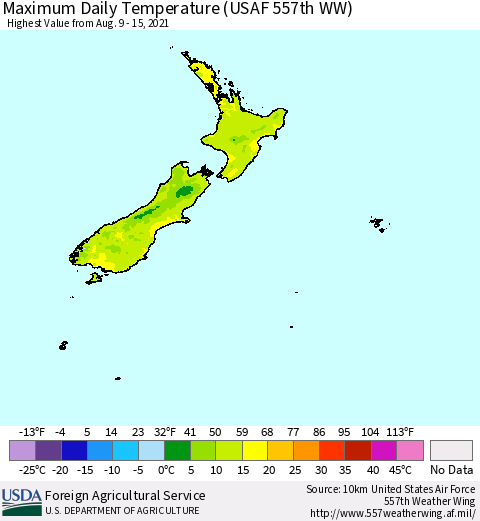 New Zealand Maximum Daily Temperature (USAF 557th WW) Thematic Map For 8/9/2021 - 8/15/2021