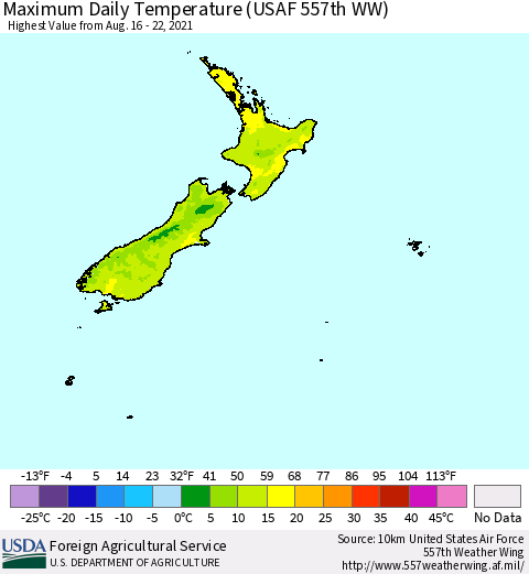 New Zealand Maximum Daily Temperature (USAF 557th WW) Thematic Map For 8/16/2021 - 8/22/2021
