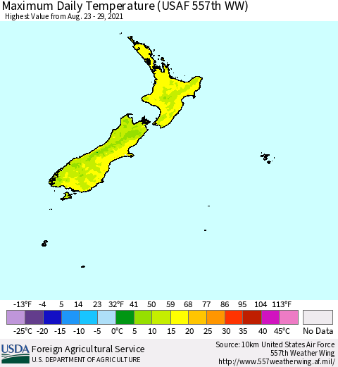 New Zealand Maximum Daily Temperature (USAF 557th WW) Thematic Map For 8/23/2021 - 8/29/2021