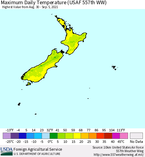 New Zealand Maximum Daily Temperature (USAF 557th WW) Thematic Map For 8/30/2021 - 9/5/2021