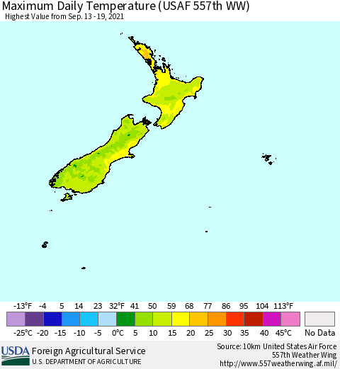 New Zealand Maximum Daily Temperature (USAF 557th WW) Thematic Map For 9/13/2021 - 9/19/2021