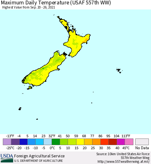 New Zealand Maximum Daily Temperature (USAF 557th WW) Thematic Map For 9/20/2021 - 9/26/2021